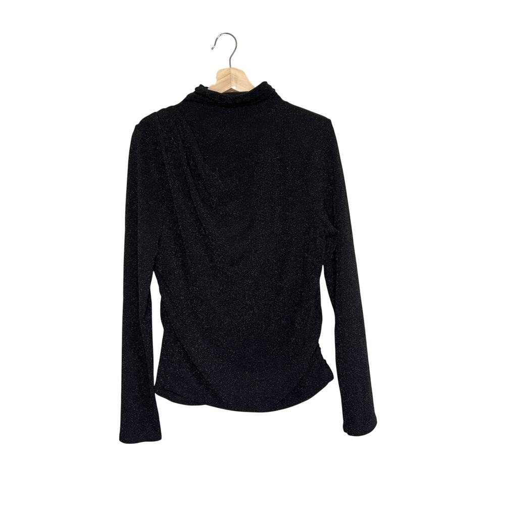 NEW WHBM Sparkle Stretch Long Sleeve Black Top Mock neck Asymmetrical Sz Large